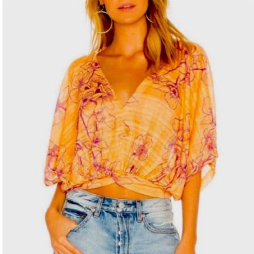 Free People Orange Floral Wrap-Front Blouse